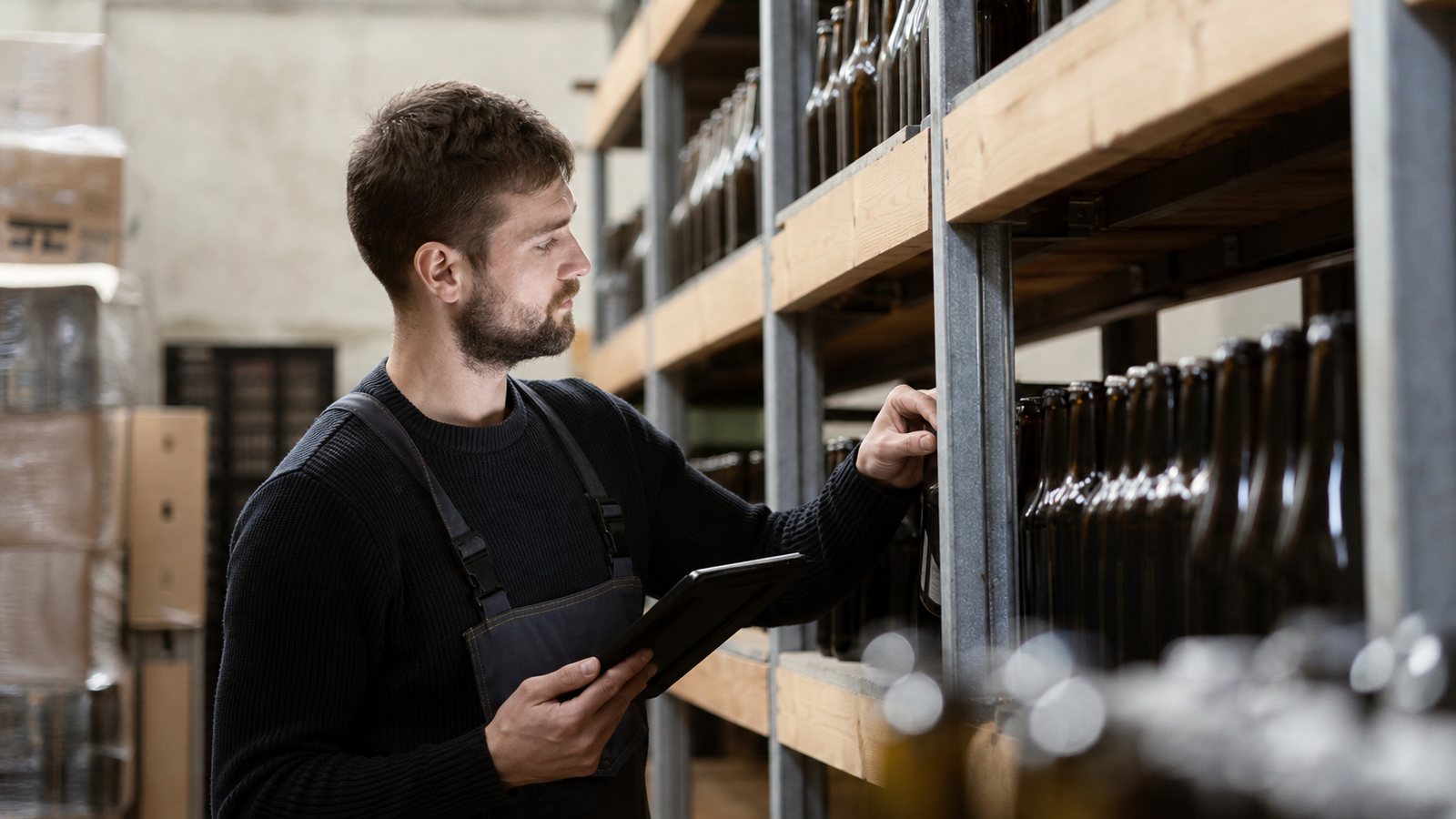 Bouteilles stockées en entrepôt avec suivi des dates de durabilité par lot