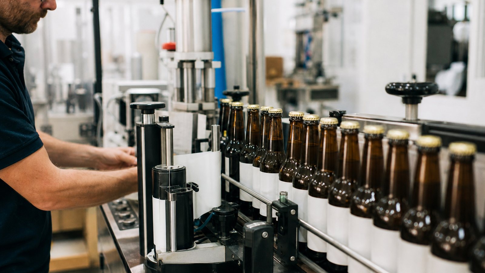 Étiquetage de bouteilles de bière portant leur numéro de lot sur la ligne de conditionnement