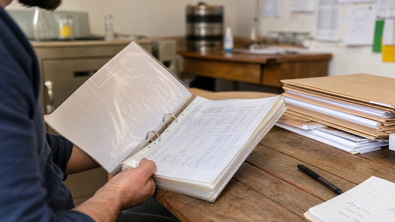 Fiches de production et bons de livraison classés sur le bureau d'une brasserie artisanale
