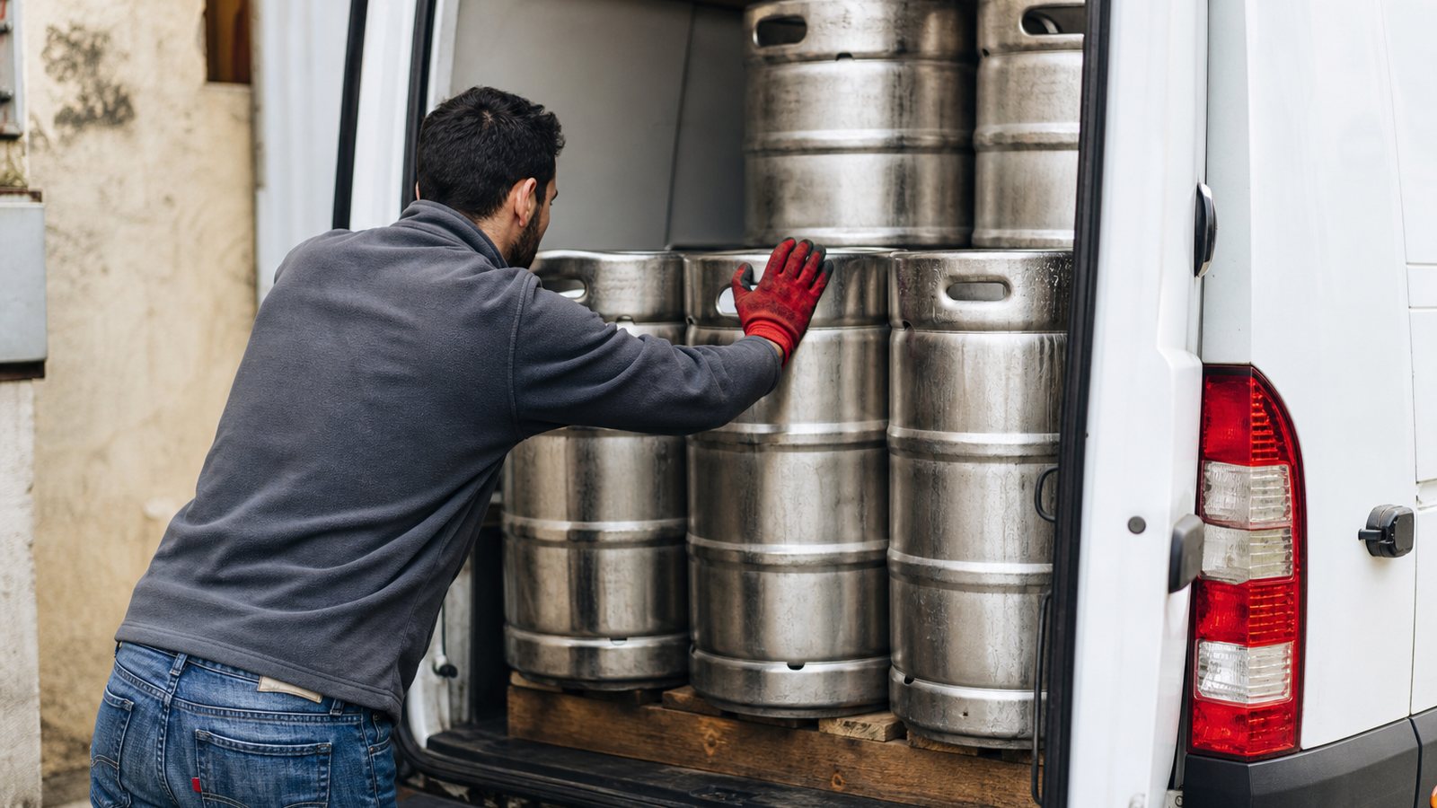 Fûts de bière et cartons chargés dans un utilitaire avec leurs bons de livraison