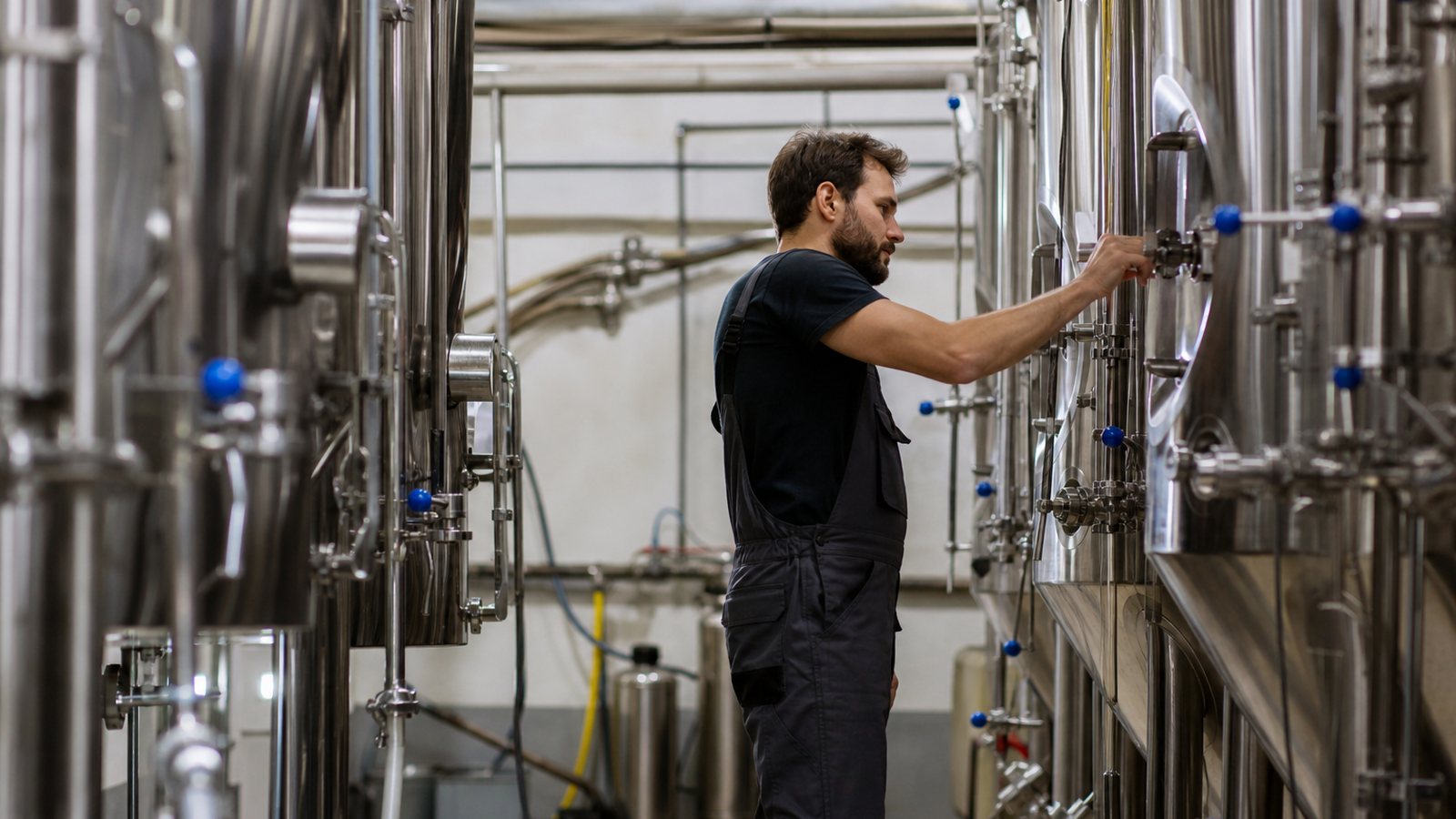 Cuves de fermentation en inox et fûts alignés dans une brasserie artisanale
